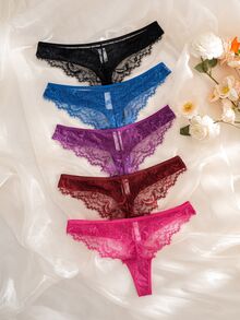 SHEIN 5pcs/Set Lace Patchwork Ribbed Fabric Thong Panties - Multicolor - View 3
