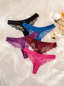 SHEIN 5pcs/Set Lace Patchwork Ribbed Fabric Thong Panties - Multicolor - View 4