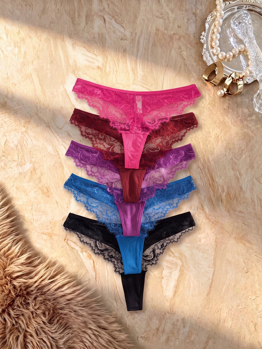 SHEIN 5pcs/Set Lace Patchwork Ribbed Fabric Thong Panties - Multicolor - View 1