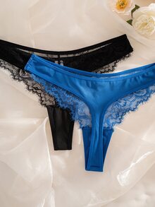 SHEIN 5pcs/Set Lace Patchwork Ribbed Fabric Thong Panties - Multicolor - View 8