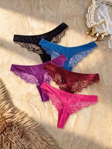 SHEIN 5pcs/Set Lace Patchwork Ribbed Fabric Thong Panties - Multicolor - View 2