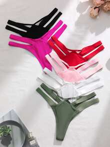 Bare Chapter 6pcs/Pack Women's Solid Color Hollow Out Design Thong Panties - Multicolor - View 3