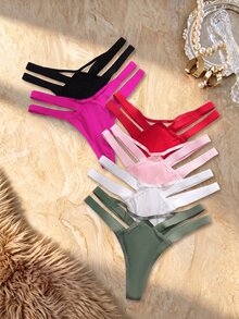 Bare Chapter 6pcs/Pack Women's Solid Color Hollow Out Design Thong Panties - Multicolor - View 1