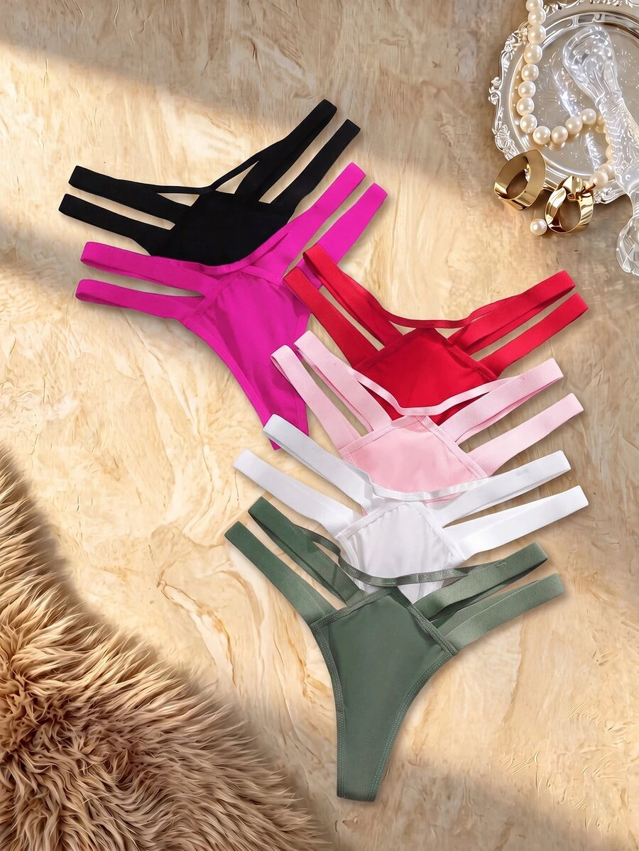 Bare Chapter 6pcs/Pack Women's Solid Color Hollow Out Design Thong Panties - Multicolor - View 1
