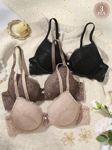 DesireSculpt 性感蕾絲聚攏浪漫極簡鋼圈可調節 3件組女款內衣套裝 - 彩色 - 查看 3