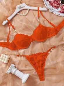SHEIN Esselle 2pcs/Set Bra Berkawat Renda Wanita Warna Oranye untuk Pengantin Musim Panas - Jeruk - View 3