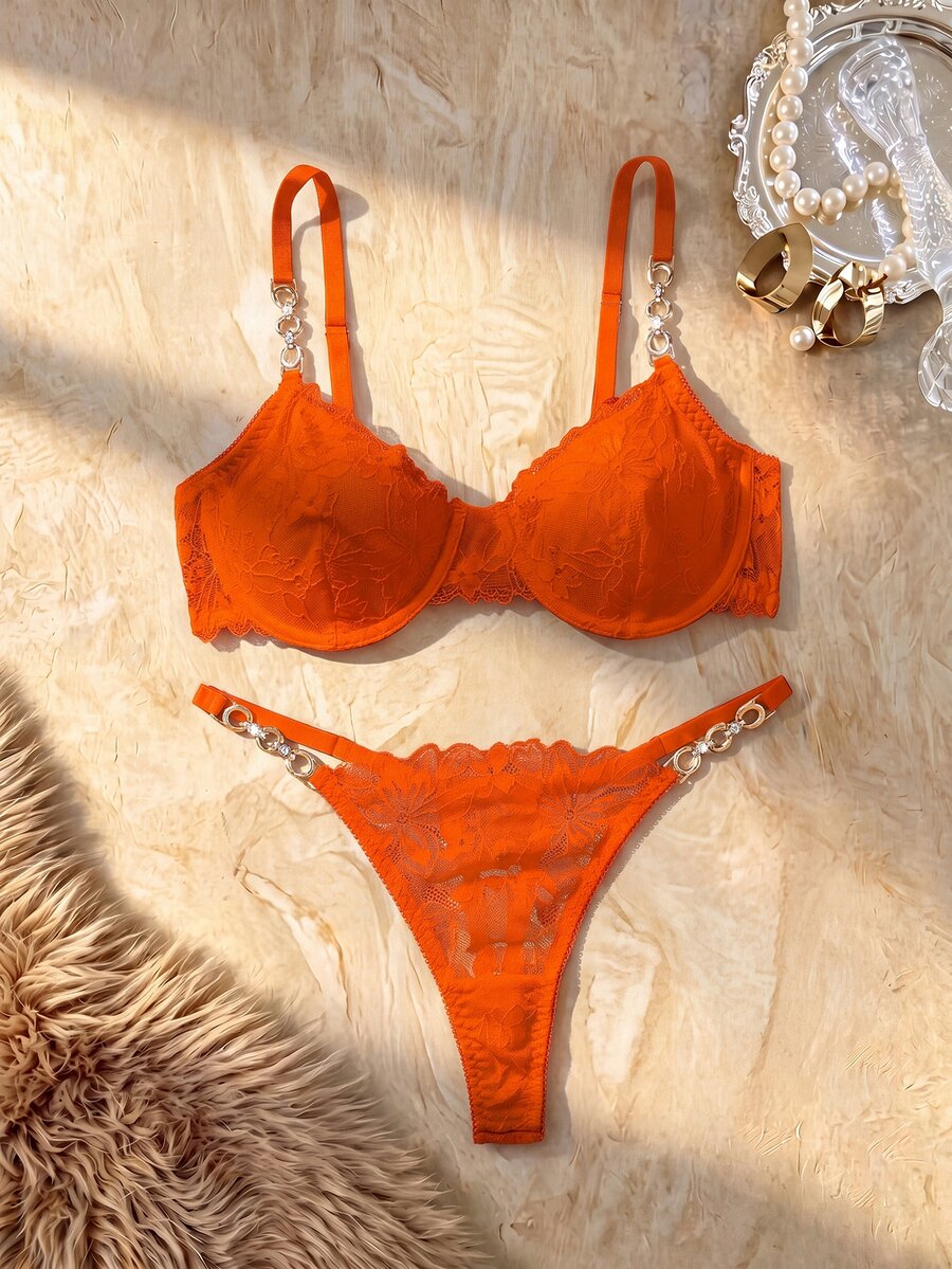 SHEIN Esselle 2pcs/Set Bra Berkawat Renda Wanita Warna Oranye untuk Pengantin Musim Panas - Jeruk - View 1