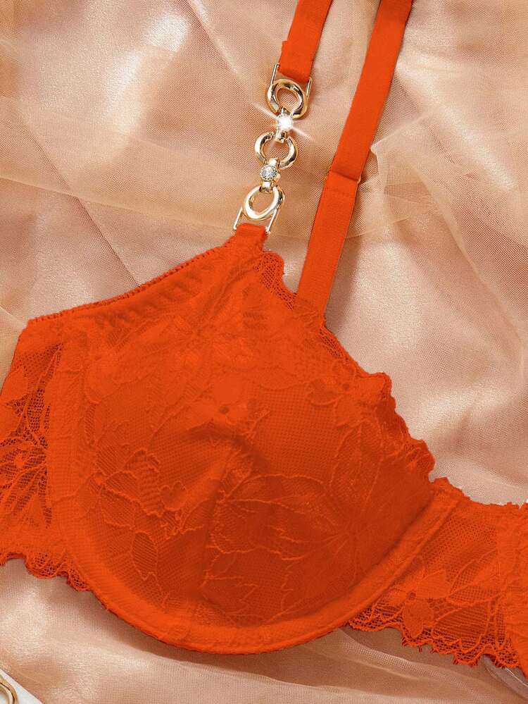 Bare Chapter 2pcs/Set Bra Berkawat Renda Wanita Warna Oranye untuk Pengantin Musim Panas - Jeruk - View 7