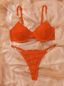 SHEIN Esselle 2pcs/Set Bra Berkawat Renda Wanita Warna Oranye untuk Pengantin Musim Panas - Jeruk - View 5