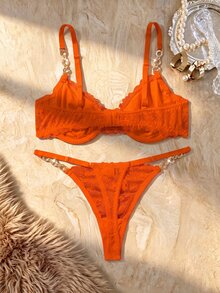 SHEIN Esselle 2pcs/Set Bra Berkawat Renda Wanita Warna Oranye untuk Pengantin Musim Panas - Jeruk - View 2