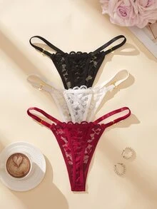 Bare Chapter 3pcs/Set Women's Heart-Shaped Rhinestone Lace Thong Panties - Multicolor - View 4