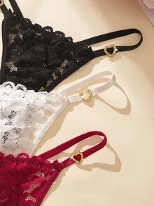 Bare Chapter 3pcs/Set Women's Heart-Shaped Rhinestone Lace Thong Panties - Multicolor - View 5