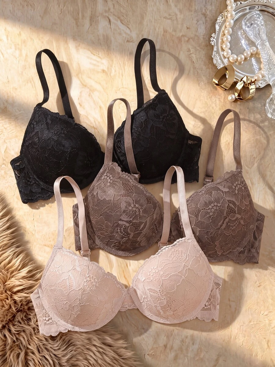 Bare Chapter Women's Underwire Sexy Lace Casual Comfortable Push-Up Bra 3 Pieces Set - Multicolor - View 1