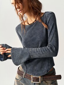 Bohemela Kaos Wanita Kasual Retro Streetwear Warna Polos Rajut Lengan Lebar Potongan Ramping Warna Abu-abu Muda Musim Gugur - Grey - View 8