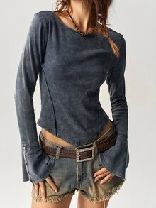 Bohemela Kaos Wanita Kasual Retro Streetwear Warna Polos Rajut Lengan Lebar Potongan Ramping Warna Abu-abu Muda Musim Gugur - Grey - View 3