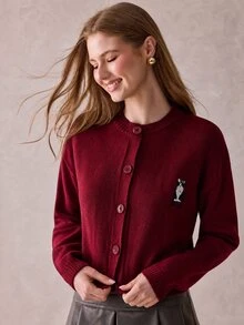 SHEIN WOMEN'S WEAR Burgundy Cat Patch Knit Cardigan - Burgundy - View 3