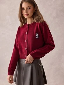 SHEIN WOMEN'S WEAR Burgundy Cat Patch Knit Cardigan - Burgundy - View 4