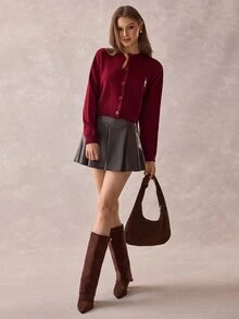 SHEIN WOMEN'S WEAR Burgundy Cat Patch Knit Cardigan - Burgundy - View 6