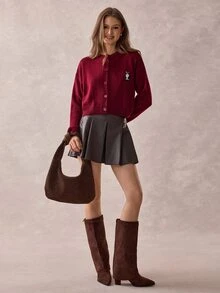 SHEIN WOMEN'S WEAR Burgundy Cat Patch Knit Cardigan - Burgundy - View 7