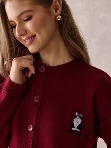 SHEIN WOMEN'S WEAR Burgundy Cat Patch Knit Cardigan - Burgundy - View 8
