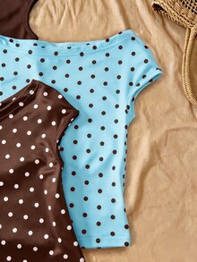SHEIN 青少年女孩 3件組度假修身露肩 T-shirt，棕色、棕色波點、白色波點，夏季休閒穿搭，舒適日常簡約校園風 - 藍色 - 查看 5