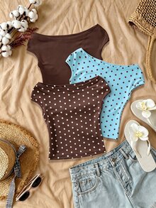SHEIN 青少年女孩 3件組度假修身露肩 T-shirt，棕色、棕色波點、白色波點，夏季休閒穿搭，舒適日常簡約校園風 - 藍色 - 查看 1
