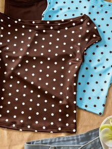 SHEIN 青少年女孩 3件組度假修身露肩 T-shirt，棕色、棕色波點、白色波點，夏季休閒穿搭，舒適日常簡約校園風 - 藍色 - 查看 7