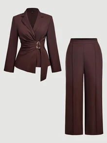 SHEIN MOD Plus Size Brown Metal Buckle Decor Suit Pants 2 Pieces Set, Elegant Commute Outfit, Old Money Style, Young Lady - Brown - View 2
