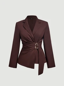 SHEIN MOD Plus Size Brown Metal Buckle Decor Suit Pants 2 Pieces Set, Elegant Commute Outfit, Old Money Style, Young Lady - Brown - View 4