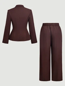 SHEIN MOD Plus Size Brown Metal Buckle Decor Suit Pants 2 Pieces Set, Elegant Commute Outfit, Old Money Style, Young Lady - Brown - View 3