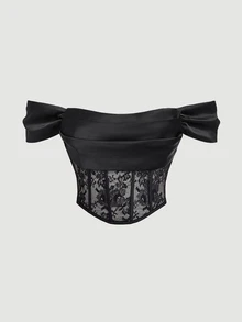 SHEIN MOD Áo trễ vai ren phối mảnh màu đen phong cách vintage size lớn, trang phục tiệc retro thu đông, thiết kế yếu tố cung đình - màu đen - Xem 5