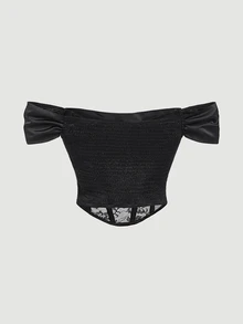 SHEIN MOD Áo trễ vai ren phối mảnh màu đen phong cách vintage size lớn, trang phục tiệc retro thu đông, thiết kế yếu tố cung đình - màu đen - Xem 2