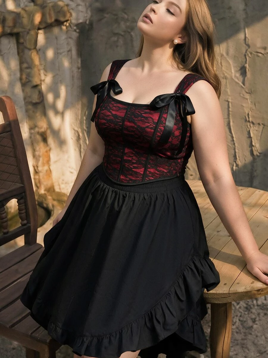 SHEIN MOD Plus Size Black Vintage Court Style 2 Pieces Set, Front Short Back Long Skirt Design, Halloween Outfit, Holiday Party Outfit, Autumn 2 Pieces Set - Black - View 1