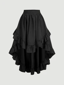 SHEIN MOD Plus Size Black Vintage Court Style 2 Pieces Set, Front Short Back Long Skirt Design, Halloween Outfit, Holiday Party Outfit, Autumn 2 Pieces Set - Black - View 11