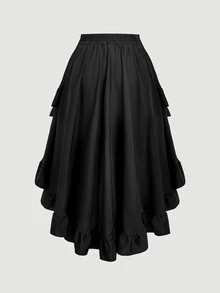 SHEIN MOD Plus Size Black Vintage Court Style 2 Pieces Set, Front Short Back Long Skirt Design, Halloween Outfit, Holiday Party Outfit, Autumn 2 Pieces Set - Black - View 10