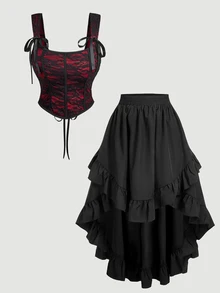 SHEIN MOD Plus Size Black Vintage Court Style 2 Pieces Set, Front Short Back Long Skirt Design, Halloween Outfit, Holiday Party Outfit, Autumn 2 Pieces Set - Black - View 5