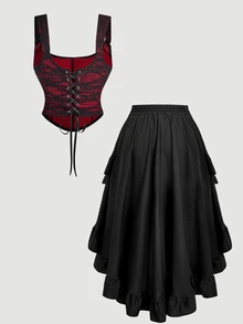 SHEIN MOD Plus Size Black Vintage Court Style 2 Pieces Set, Front Short Back Long Skirt Design, Halloween Outfit, Holiday Party Outfit, Autumn 2 Pieces Set - Black - View 2