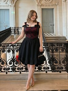 SHEIN MOD Plus Size Black Vintage Court Style 2 Pieces Set, Front Short Back Long Skirt Design, Halloween Outfit, Holiday Party Outfit, Autumn 2 Pieces Set - Black - View 4