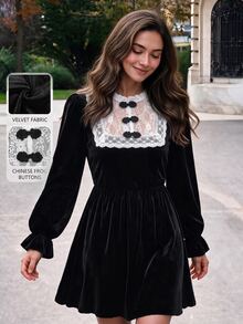 SHEIN Black Velvet Mini Dress Contrast Lace Panel Frog Button Puff Long Sleeve Flared Cuff A Line Short Dress, Elegant Goth Vintage Going Out Dress For Wome - Black - View 2