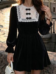 SHEIN Black Velvet Mini Dress Contrast Lace Panel Frog Button Puff Long Sleeve Flared Cuff A Line Short Dress, Elegant Goth Vintage Going Out Dress For Wome - Black - View 6