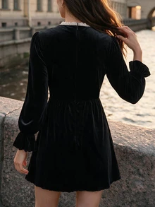 SHEIN Black Velvet Mini Dress Contrast Lace Panel Frog Button Puff Long Sleeve Flared Cuff A Line Short Dress, Elegant Goth Vintage Going Out Dress For Wome - Black - View 3