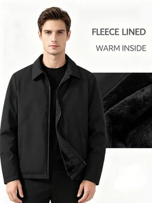 Manfinity Homme Mantel Pria Tebal Berlapis Termal dengan Kerah dan Penutup Resleting, Tahan Dingin, Mantel Empuk - Hitam - View 7