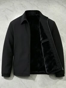 Manfinity Homme Mantel Pria Tebal Berlapis Termal dengan Kerah dan Penutup Resleting, Tahan Dingin, Mantel Empuk - Hitam - View 1