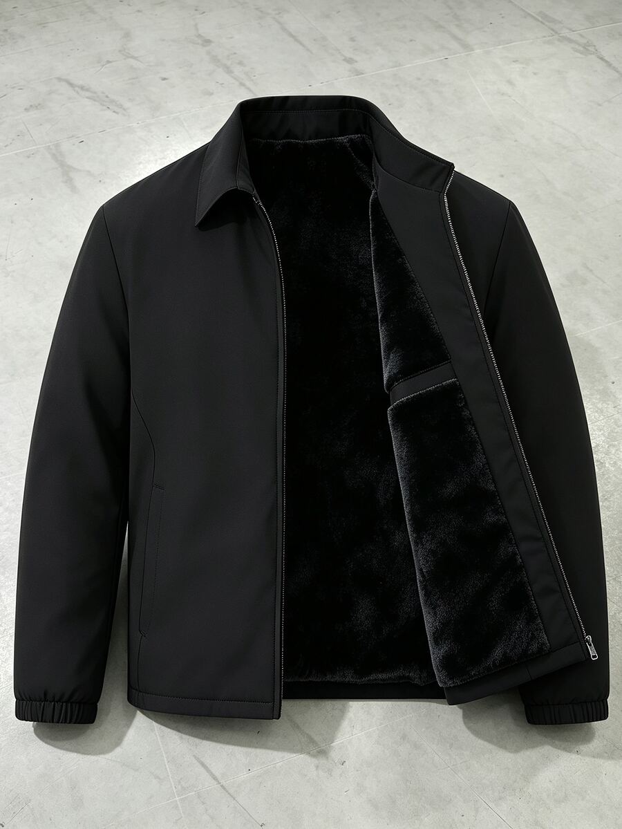 Manfinity Homme Mantel Pria Tebal Berlapis Termal dengan Kerah dan Penutup Resleting, Tahan Dingin, Mantel Empuk - Hitam - View 1