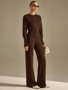 CLARA VERO Women's Elegant Button Front Mock Neck Waist Cinching Knit Cardigan High Waist Wide Leg Pants Two - Brown - View 9