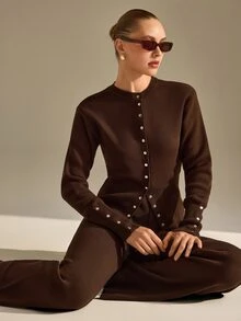 CLARA VERO Women's Elegant Button Front Mock Neck Waist Cinching Knit Cardigan High Waist Wide Leg Pants Two - Brown - View 7