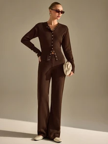 CLARA VERO Women's Elegant Button Front Mock Neck Waist Cinching Knit Cardigan High Waist Wide Leg Pants Two - Brown - View 8