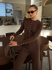 CLARA VERO Women's Elegant Button Front Mock Neck Waist Cinching Knit Cardigan High Waist Wide Leg Pants Two - Brown - View 13