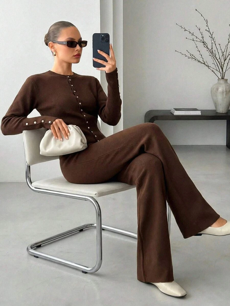 CLARA VERO Women's Elegant Button Front Mock Neck Waist Cinching Knit Cardigan High Waist Wide Leg Pants Two - Brown - View 1