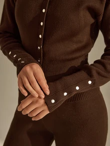 CLARA VERO Women's Elegant Button Front Mock Neck Waist Cinching Knit Cardigan High Waist Wide Leg Pants Two - Brown - View 6